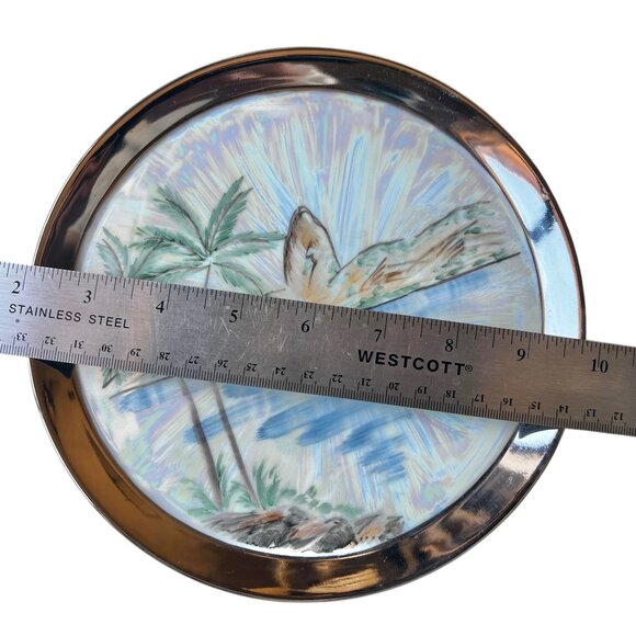 Hand-Painted Decorative Plate With Scenic Rio Landscape & Metallic Trim - Picture 3 of 5